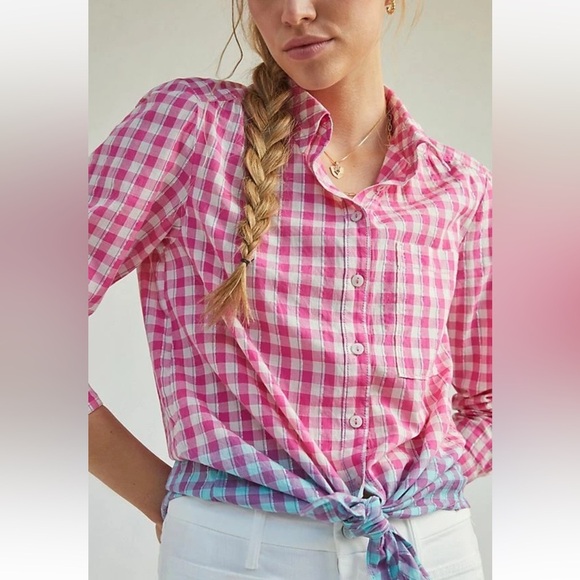 Anthropologie Pilcro Deb Gingham Buttondown Shirt Size XS Pink Blue Ombré preppy - Picture 2 of 14